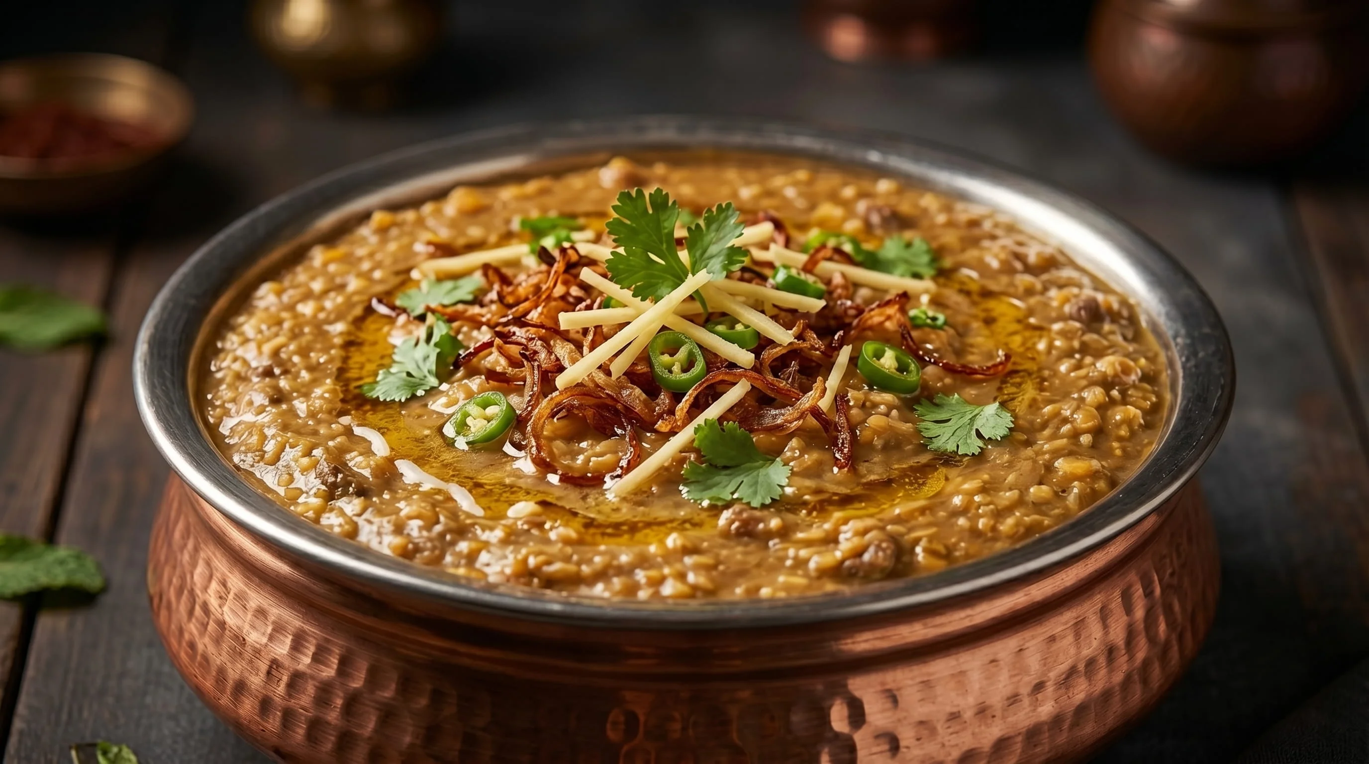 Creamy beef daleem garnished with fried onions, ginger, and fresh coriander